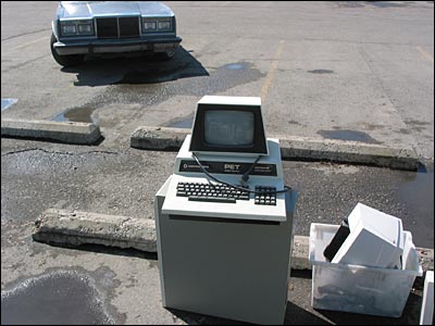 Commodore Pet at computer recycling drive. Anderson Station, Calgary. 27 April 2002. Copyright © 2002 Grant Hutchinson