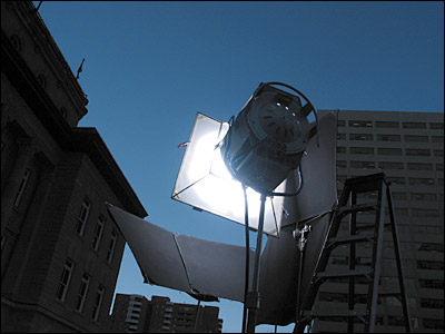Diffused fresnel lighting on film set. 6th Street Southwest, Calgary. 25 November 2002. Copyright © 2002 Grant Hutchinson