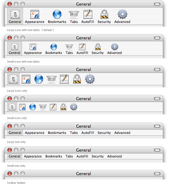 Various icon and text views available via command-clicking the toolbar widget in Panther.