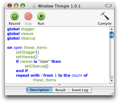 AppleScript Script Editor as viewed in Mac OS X 10.3 (Panther)