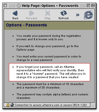 Altamira Access password help window.