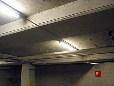 Parkade ceiling and walls. 4th Street and 8th Avenue Southwest, Calgary. 12 February 2002. Copyright © 2002 Grant Hutchinson