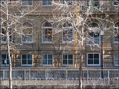 Morning sun on McDougall School. 5th Street Southwest, Calgary. 15 April 2002. Copyright © 2002 Grant Hutchinson