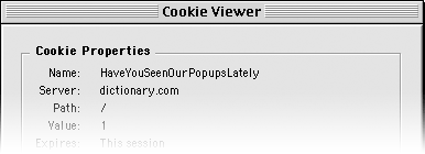 Microsoft Internet Explorer Cookie Viewer Dialog